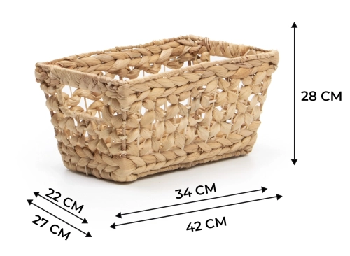 Infografika z wymiarami kosza z hiacyntu wodnego L: wysokość 28 cm, góra 42x27 cm, dół 34x22 cm. Graficzne przedstawienie wielkości dużego organizera ażurowego.