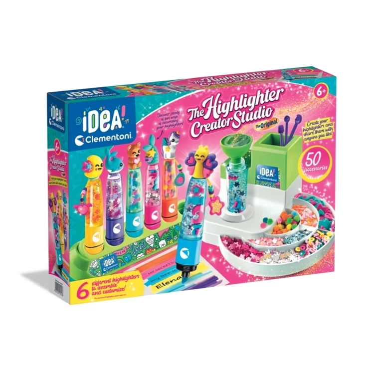 Opakowanie zestawu „The Highlighter Creator Studio” marki Clementoni. Widoczne kolorowe markery i informacja o 50 akcesoriach.