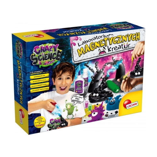 Kolorowe opakowanie zestawu Crazy Science Laboratorium magnetycznych kreatur. Na pudełku widać uśmiechniętego chłopca, magnesy i czarne, plastyczne stwory z oczami.