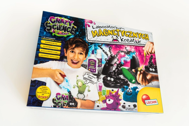 Front pudełka zestawu naukowego Lisciani. Grafika przedstawia eksperymenty z magnetycznym slimem, kolorowe potworki oraz napisy w języku polskim zachęcające do zabawy.