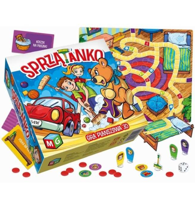 Zawartość gry Sprzątanko – plansza 3D, figurki dzieci, mebelki i akcesoria