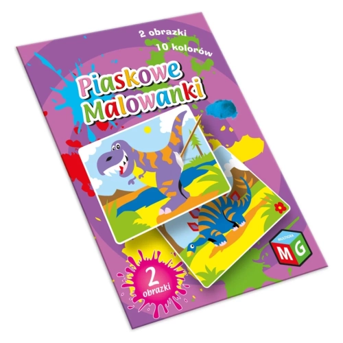 Opakowanie Piaskowych Malowanek z dinozaurami marki Multigra. Na fioletowym tle widoczne kolorowe grafiki tyranozaura i stegozaura oraz napisy informujące o 2 obrazkach i 10 kolorach piasku.