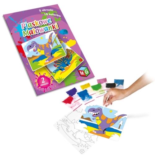 Zestaw kreatywny malowanie piaskiem: kolorowe pudełko, 10 woreczków z barwnym piaskiem oraz dłoń z patyczkiem odsłaniająca klejącą warstwę na szablonie z dinozaurem podczas tworzenia obrazka.