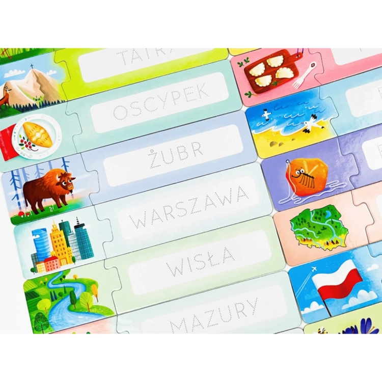 Zestaw ułożonych puzzli z polskimi symbolami i nazwami: Warszawa, Wisła, Mazury, Żubr, Oscypek. Słowa są przygotowane do pisania po śladzie.