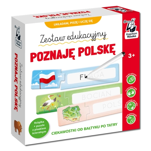 Pudełko zestawu „Poznaję Polskę” Kapitana Nauki. Widoczna grafika z puzzlami do pisania, książeczką i mazakiem oraz informacja o wieku 3+.
