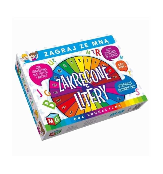 Gra edukacyjna Zakręcone litery Multigra – opakowanie z kolorowymi literkami
