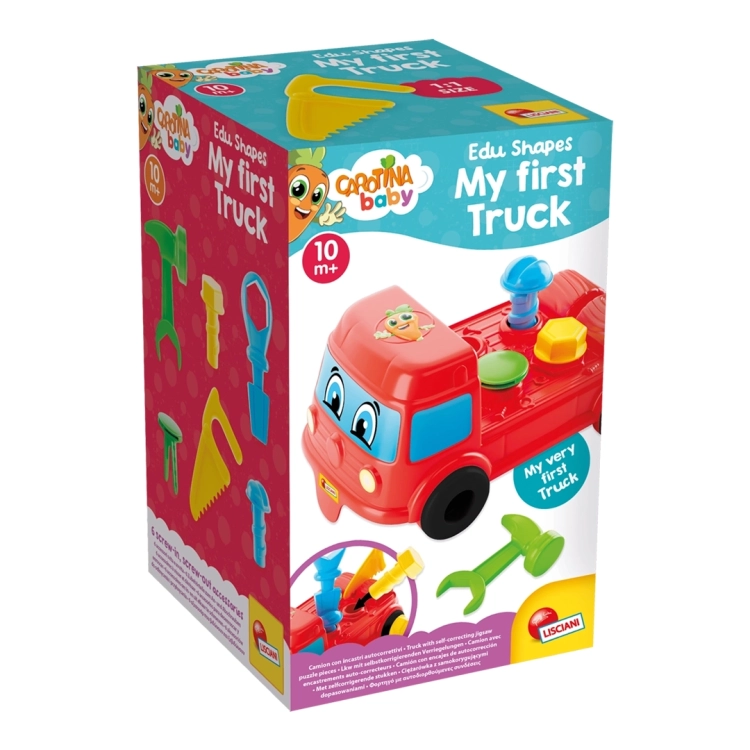 Grafika przedstawiająca trójwymiarowe, pionowe pudełko zabawki Lisciani Carotina Baby „Moje pierwsze auto” na białym tle. Opakowanie jest pełne kolorowych obrazków ciężarówki i akcesoriów.