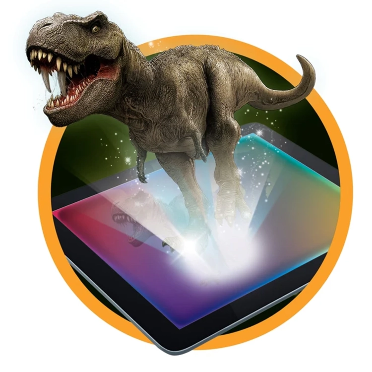 Ilustracja prezentująca działanie rozszerzonej rzeczywistości (AR) z animowanym Tyranozaurem nad tabletem.