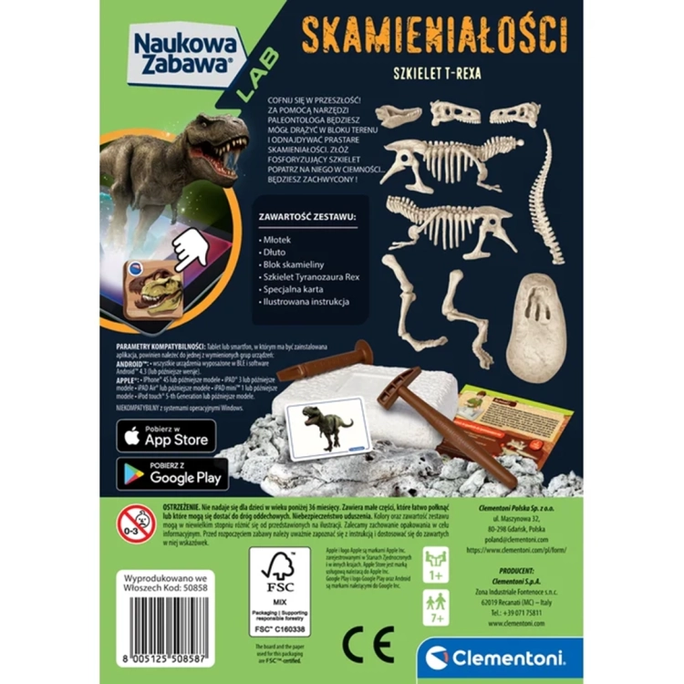Tył opakowania Clementoni przedstawiający zawartość zestawu, instrukcję aplikacji AR oraz narzędzia paleontologa.