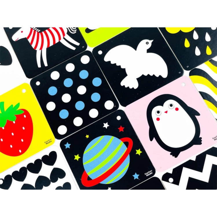 Zbliżenie na dwustronne karty kontrastowe z zestawu „Mój pierwszy rok”. Widoczne wzory: truskawka, planeta, pingwin, zebra i biały ptak na czarnym tle.