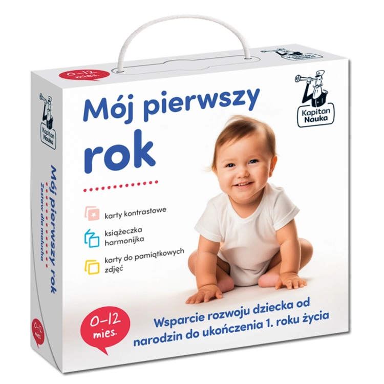 Białe opakowanie zestawu „Mój pierwszy rok” Kapitan Nauka dla dzieci 0-12 mies. Na pudełku zdjęcie uśmiechniętego niemowlęcia i spis zawartości.