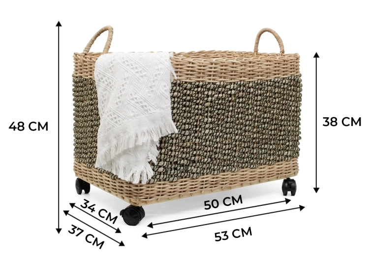 Grafika z wymiarami kosza: wysokość 48 cm, długość 53 cm, szerokość 37 cm; dwukolorowa plecionka.