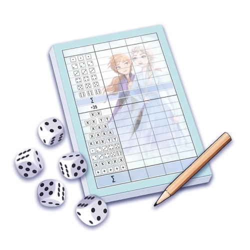 Elementy zestawu: bloczek z tabelą wyników ozdobiony wizerunkiem Anny i Elsy, ołówek oraz pięć klasycznych kostek do gry.