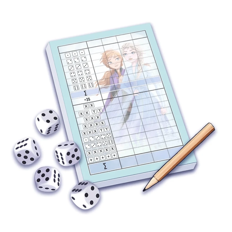 Elementy zestawu: bloczek z tabelą wyników ozdobiony wizerunkiem Anny i Elsy, ołówek oraz pięć klasycznych kostek do gry.