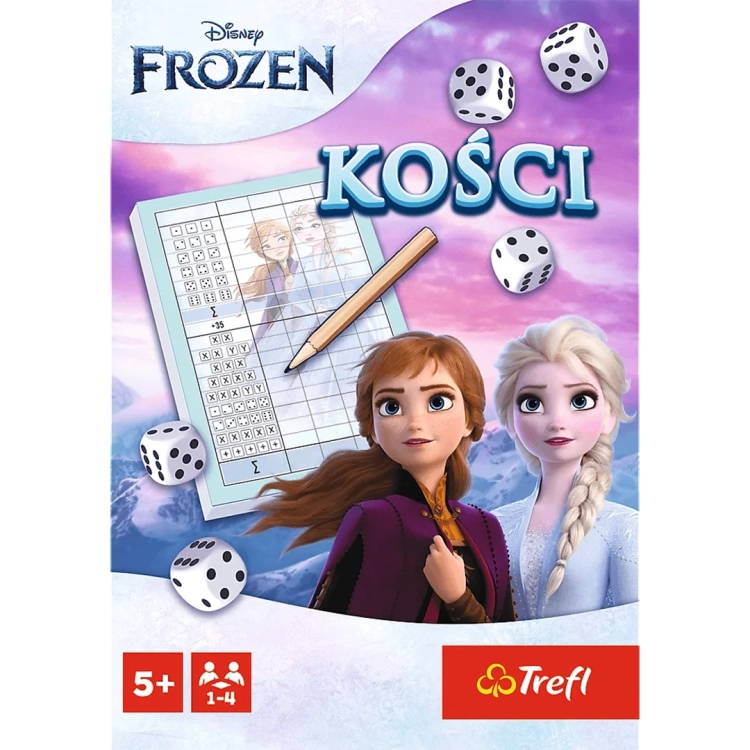 Frontowa grafika pudełka gry Trefl z logotypem Disney Frozen, postaciami Anny i Elsy oraz oznaczeniem wieku 5+ i liczby graczy 1-4.