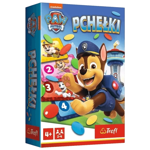 Pudełko gry zręcznościowej "Pchełki" z bohaterami Psiego Patrolu: Chase'em, Skye, Marshallem i Rubble'em na tle błękitnego nieba.