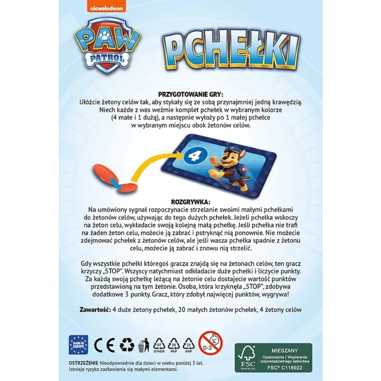 Tył opakowania z instrukcją gry w języku polskim, opisem zasad rozgrywki, spisem zawartości oraz piktogramami bezpieczeństwa.