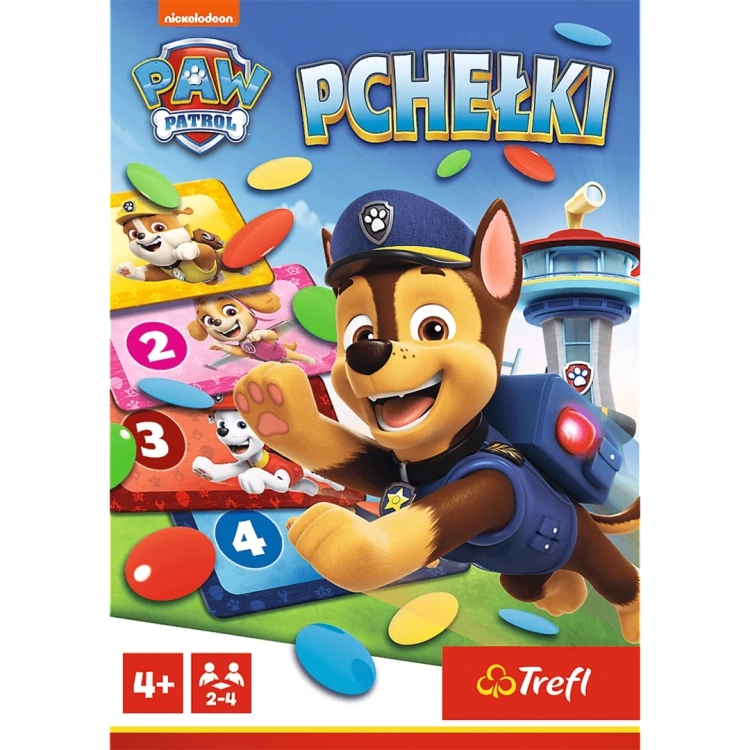 Frontowa grafika pudełka gry Trefl przedstawiająca Chase'a, wieżę obserwacyjną oraz kolorowe pchełki; wiek graczy 4+, liczba osób 2-4.