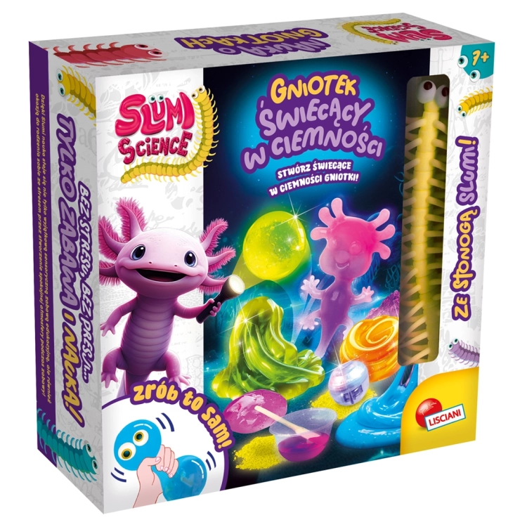 Pudełko zestawu kreatywnego "Gniotek świecący w ciemności" z uśmiechniętym aksolotlem, kolorowymi masami plastycznymi i widoczną przez okienko żółtą stonogą.