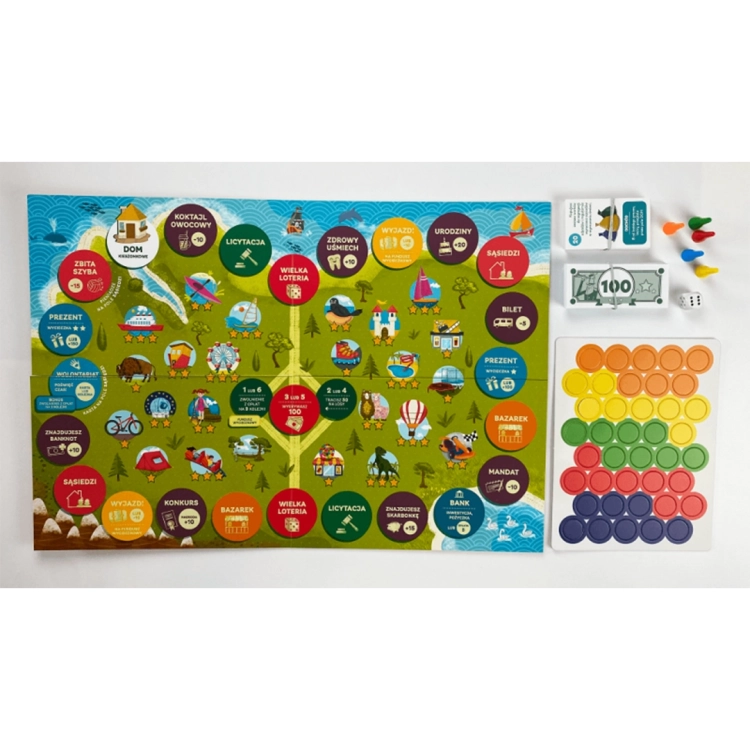 Widok z góry na rozłożoną grę: kolorowa plansza z polami akcji, stosy banknotów, karty inwestycji, pionki, kostka oraz okrągłe żetony.