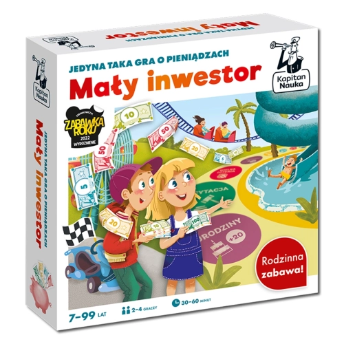 Pudełko gry "Mały inwestor" wydawnictwa Kapitan Nauka z ilustracją dzieci w parku rozrywki i banknotami; wiek 7-99 lat.