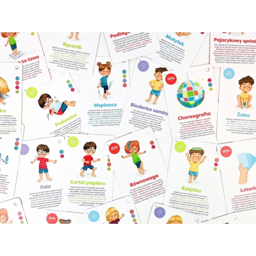 Kolaż wielu kart do gry „Fikaj, brykaj” przedstawiających dzieci wykonujące różne ćwiczenia, m.in. pajacyki, wspinaczkę i taniec.