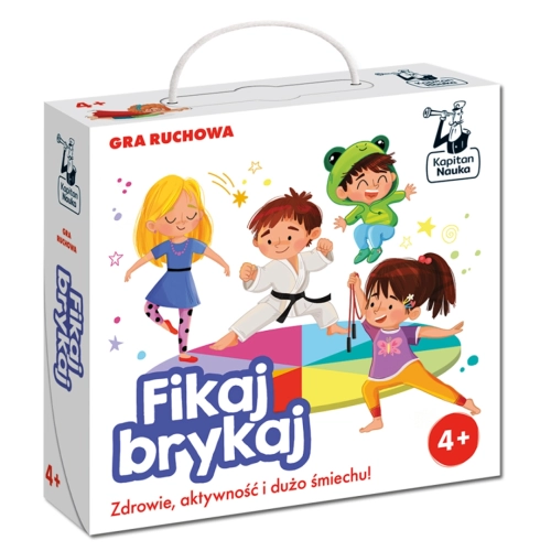 Pudełko gry „Fikaj, brykaj” wydawnictwa Kapitan Nauka z rączką i ilustracją dzieci w ruchu; wiek graczy 4+.