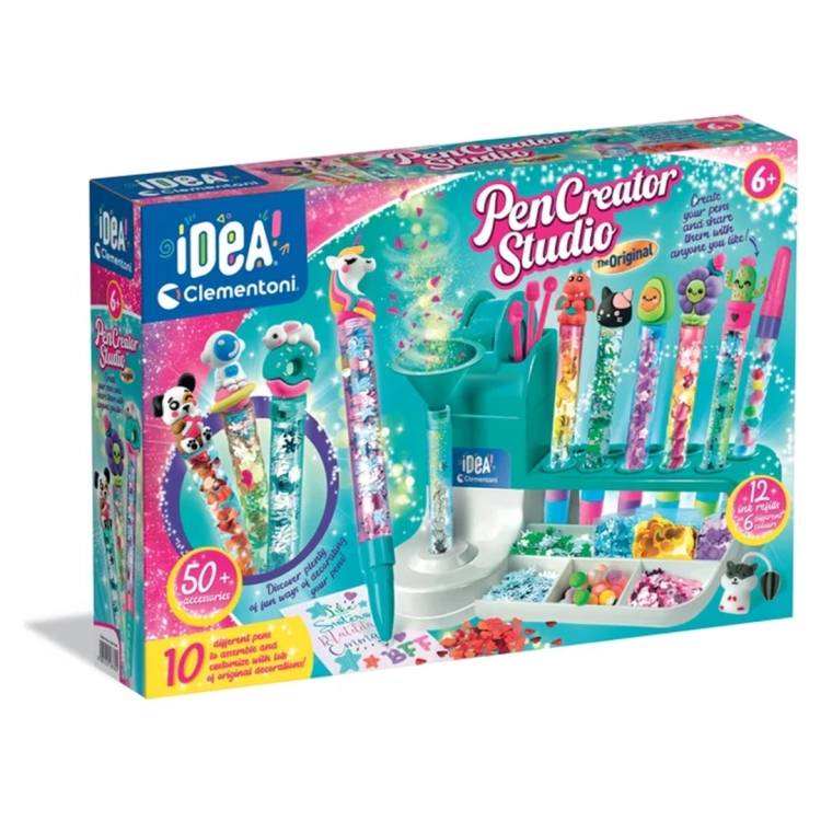 Kolorowe opakowanie zestawu "Pen Creator Studio" marki Clementoni, prezentujące gotowe długopisy z figurkami i stację do ich tworzenia.