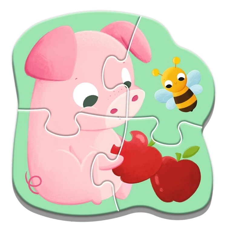 Kolorowe puzzle z 4 elementów ze świnką jedzącą czerwone jabłka i latającą pszczółką na miętowym tle.
