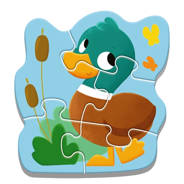 Puzzle dla dzieci z 5 elementów przedstawiające kaczuszkę na błękitnym tle w otoczeniu trzcin i żółtych motyli.