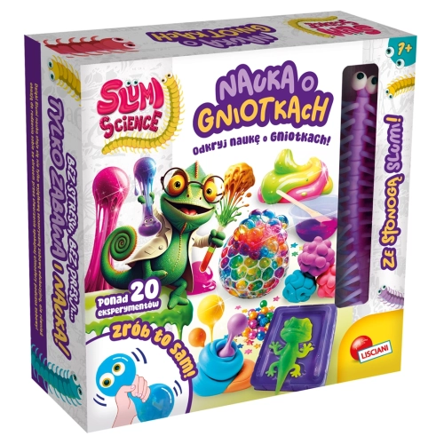 Pudełko zestawu „Laboratorium gniotków” z kameleonem w okularach, kolorowymi masami plastycznymi i widoczną fioletową stonogą Slumi.