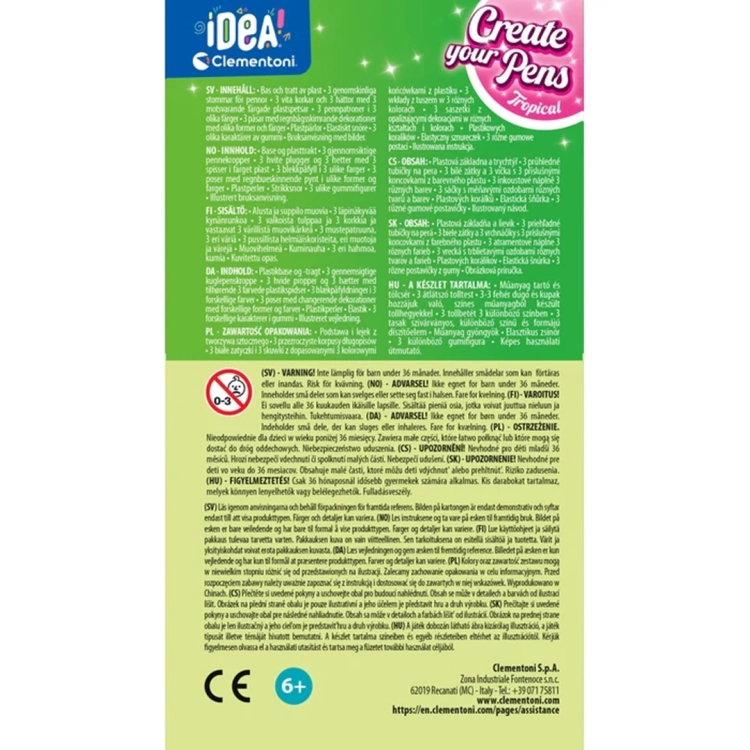 Tył opakowania zestawu z opisem zawartości w kilku językach, instrukcjami bezpieczeństwa oraz informacją o wieku 6+.