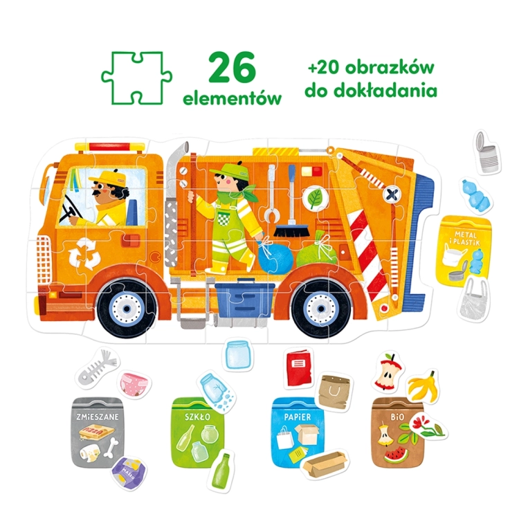 Ilustracja ułożonej śmieciarki z puzzli (26 elementów) oraz 20 dodatkowych obrazków z odpadami i kolorowymi kontenerami do nauki segregacji.