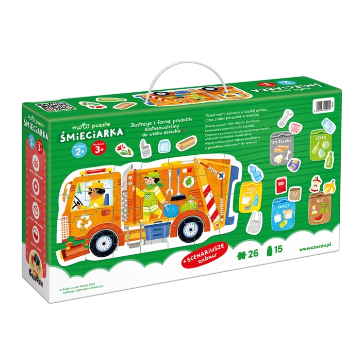 Tył opakowania edukacyjnych puzzli prezentujący zawartość zestawu, w tym scenariusze zabaw wspierających rozwój dziecka.