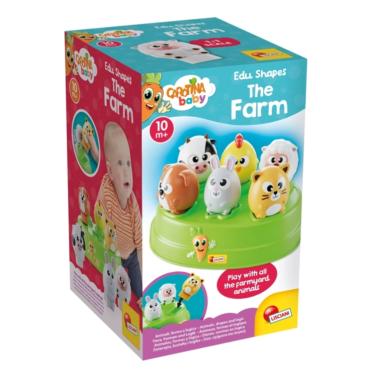 Kolorowe opakowanie zabawki Carotina Baby "The Farm" dla dzieci od 10. miesiąca życia, prezentujące sorter i figurki zwierząt.