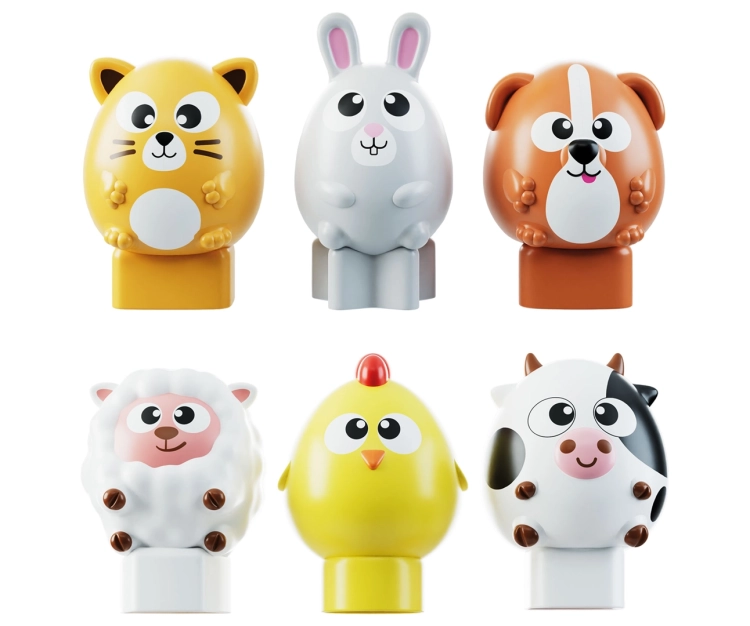 Zestaw sześciu uroczych figurek zwierząt: kotek, zajączek, piesek, owieczka, kurczak i krowa z podstawami w różnych kształtach.