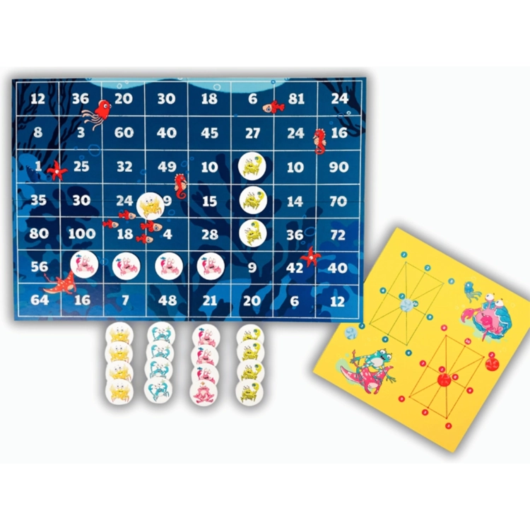 Dwustronna plansza do gry: jedna strona z motywem podwodnym i krabami, druga żółta z grafami; obok pionowe rzędy okrągłych żetonów.