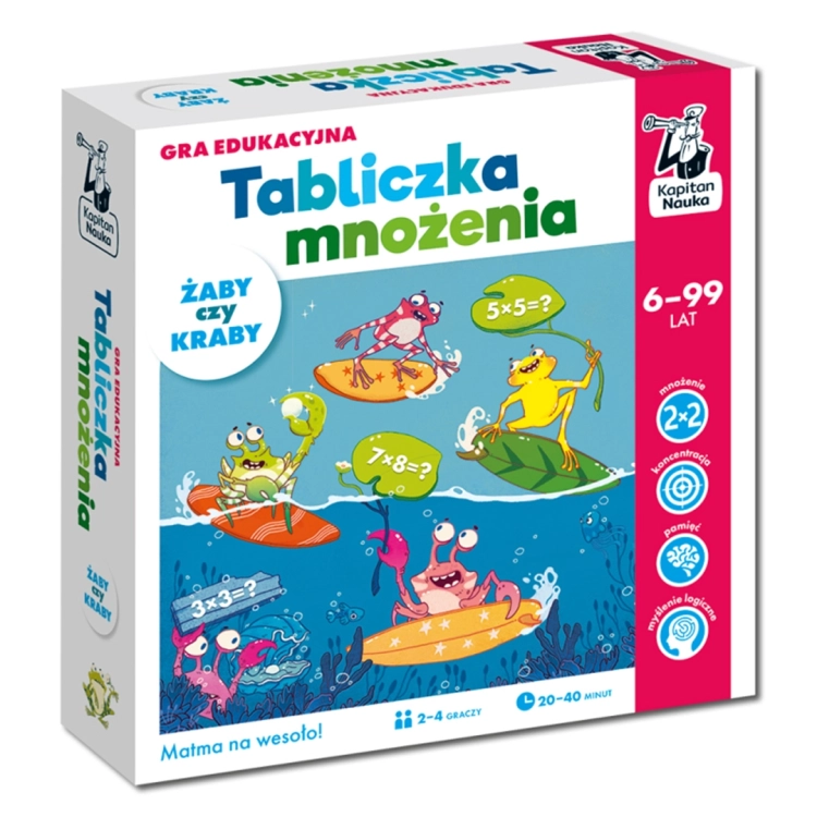 Opakowanie gry edukacyjnej „Tabliczka mnożenia. Żaby czy kraby” z wesołymi ilustracjami surfingujących zwierząt; wiek 6-99 lat.