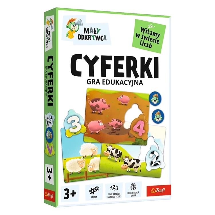 Pudełko gry edukacyjnej Trefl „Cyferki” z serii Mały Odkrywca, przedstawiające kolorowe plansze ze zwierzętami i pasujące do nich cyfry.
