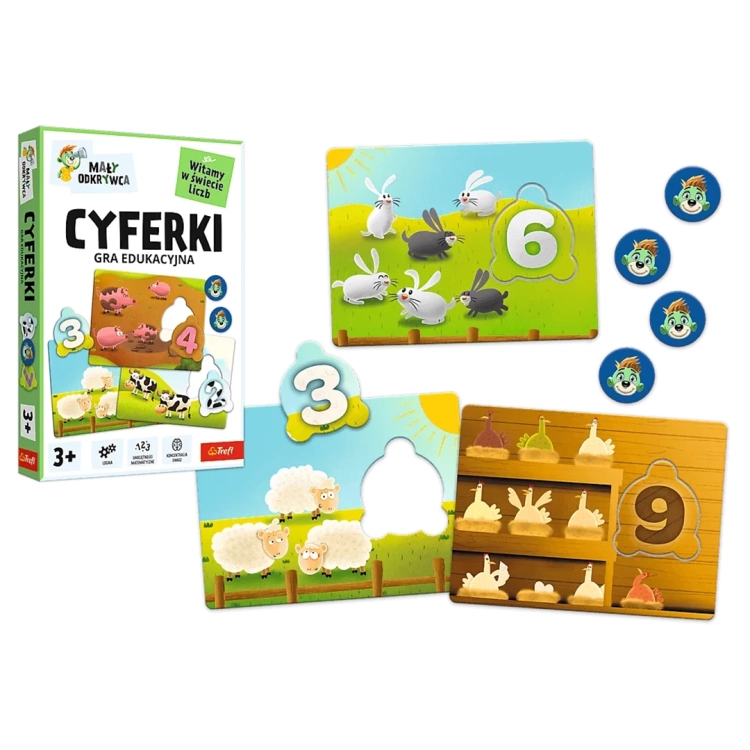 Zestawienie pudełka gry „Cyferki” z trzema przykładowymi planszami edukacyjnymi i okrągłymi liczmanami z postacią Małego Odkrywcy.