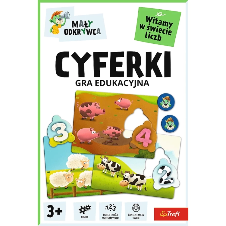 Frontowa grafika opakowania gry Trefl dla dzieci od 3 lat, wspierającej logikę, umiejętności matematyczne i koncentrację uwagi.