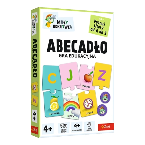 Pudełko gry edukacyjnej Trefl „Abecadło” z serii Mały Odkrywca, przedstawiające kolorowe puzzle z literami i odpowiadającymi im obrazkami.