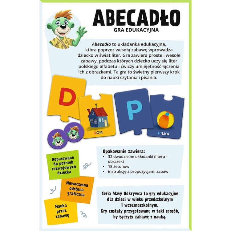 Tył opakowania gry z opisem zasad, listą zawartości (32 układanki, 18 żetonów) oraz informacją o wspieraniu rozwoju przedszkolaka.