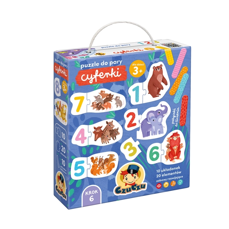 Pudełko puzzli edukacyjnych CzuCzu „Cyferki” dla dzieci od 3 lat, przedstawiające kolorowe zwierzątka i cyfry do dopasowywania.