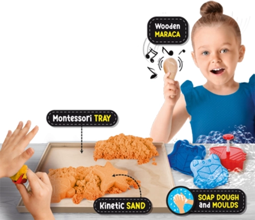 Tył opakowania Montessori Box Lisciani prezentujący elementy zestawu: tablice, karty, żetony, cyfry oraz ilustrowane przykłady zabaw.