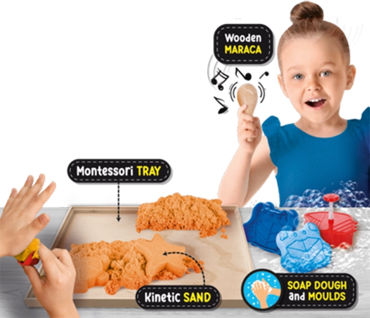 Tył opakowania Montessori Box Lisciani prezentujący elementy zestawu: tablice, karty, żetony, cyfry oraz ilustrowane przykłady zabaw.