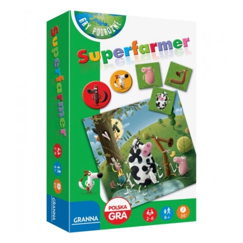 Opakowanie gry podróżnej Superfarmer wydawnictwa Granna z kolorowymi ilustracjami zwierząt hodowlanych, psa i wilka na zielono-białym tle.