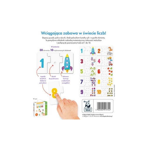 Tył opakowania z instrukcją, prezentacją wszystkich 10 układanek oraz informacją o wypukłych kształtach i dziurkach.