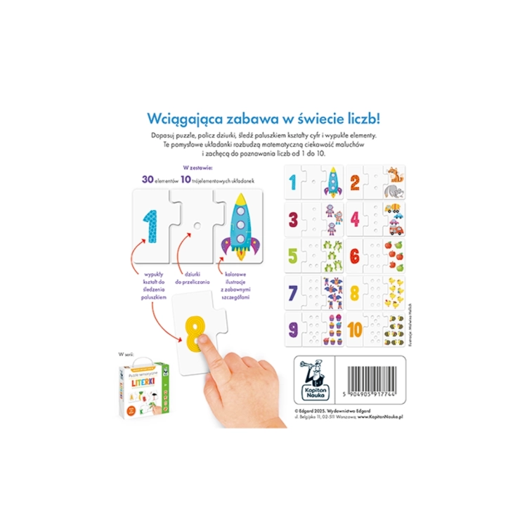 Tył opakowania z instrukcją, prezentacją wszystkich 10 układanek oraz informacją o wypukłych kształtach i dziurkach.