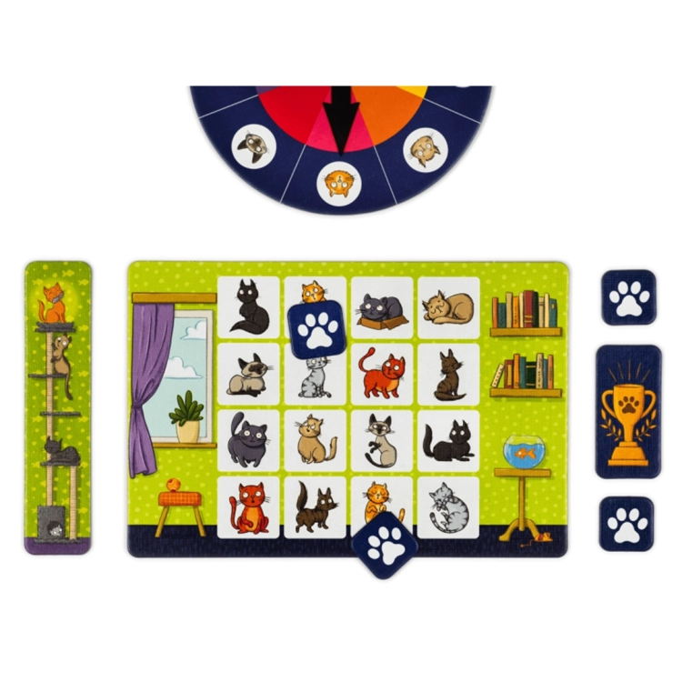 Elementy zestawu: zielona plansza z 16 obrazkami różnych kotów, żetony z kociołapkami, podłużny żeton z drapakiem i puchar zwycięzcy.
